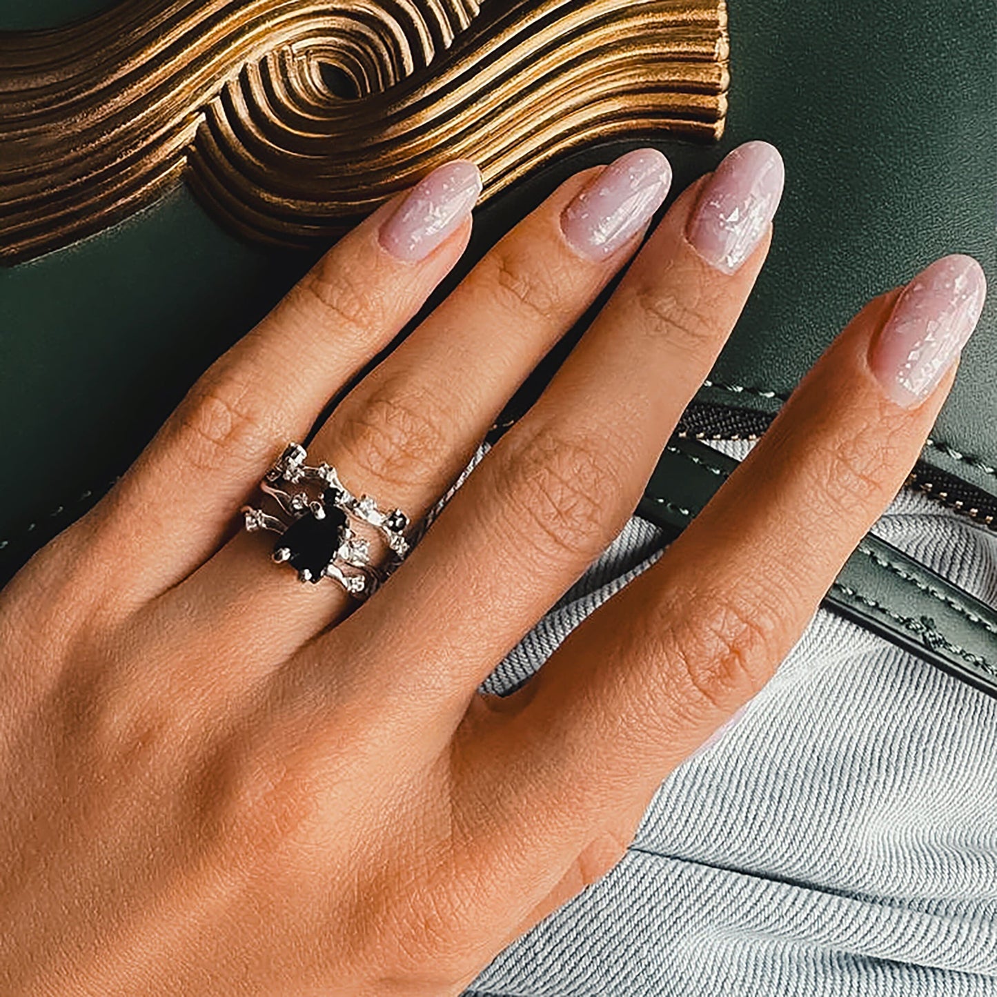 Black Obsidian Flow Stardust Rings - sterling silver detail 2