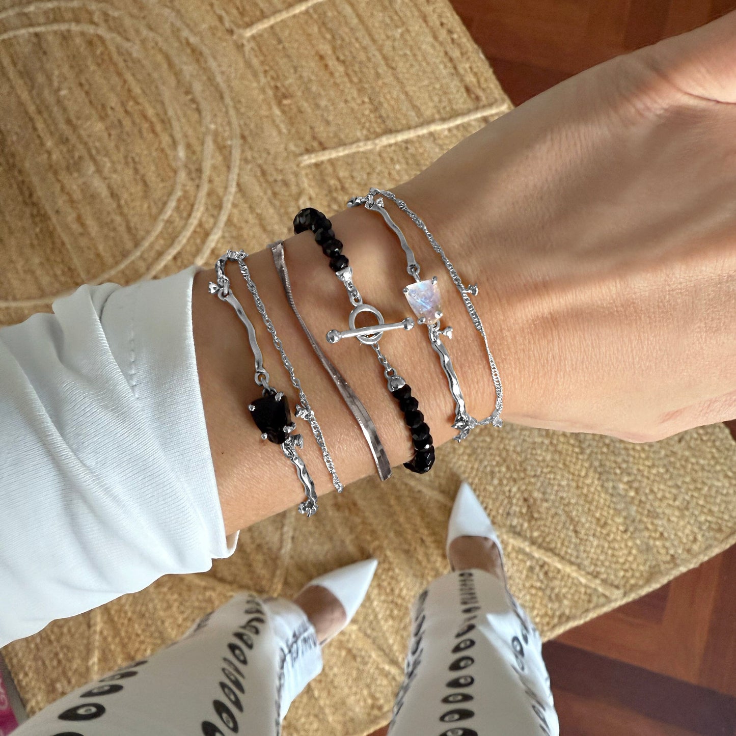 Black Obsidian Bracelet - Vibrations silver stacked