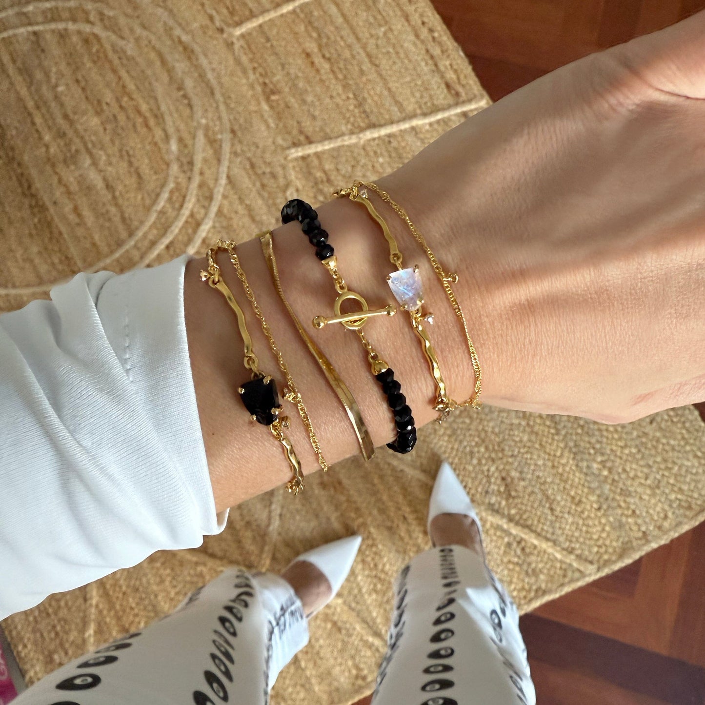 Black Obsidian Bracelet - Vibrations yellow gold stacked