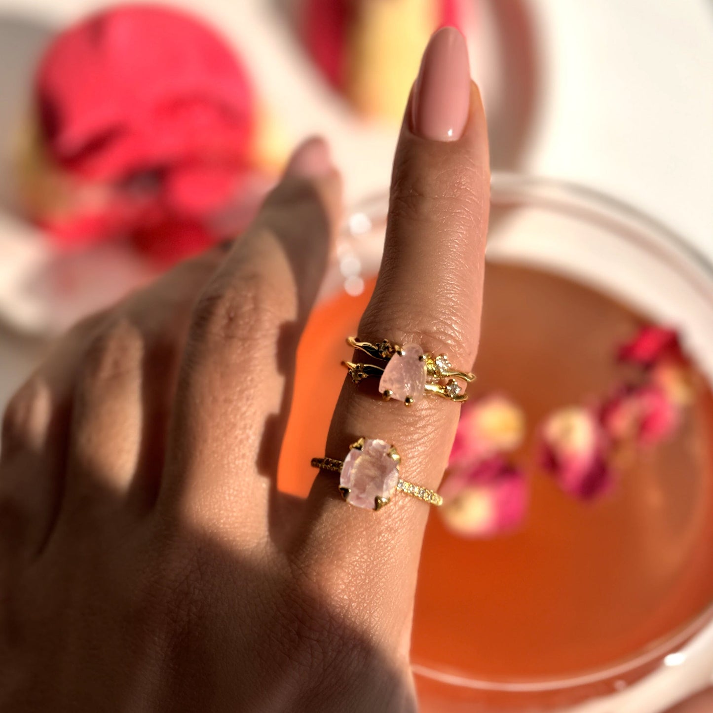 Rose Quartz Ring - Harlow - yellow gold lifestyle
