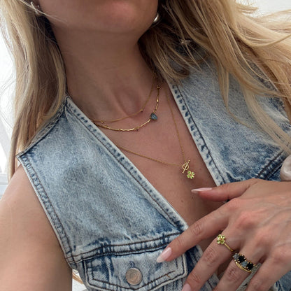 Raw Crystal Necklace - Flowing Labradorite - gold worn