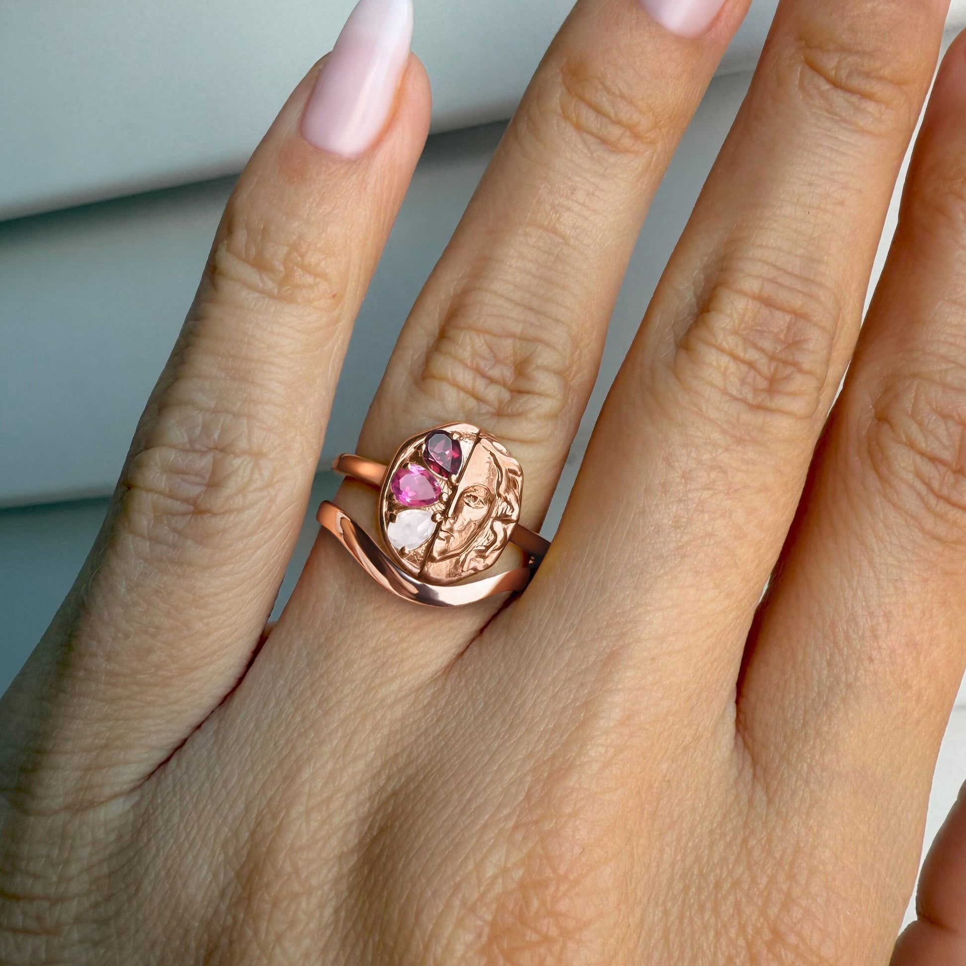 Pink Gradient Goddess Ring & Waves Band - on hand rose gold