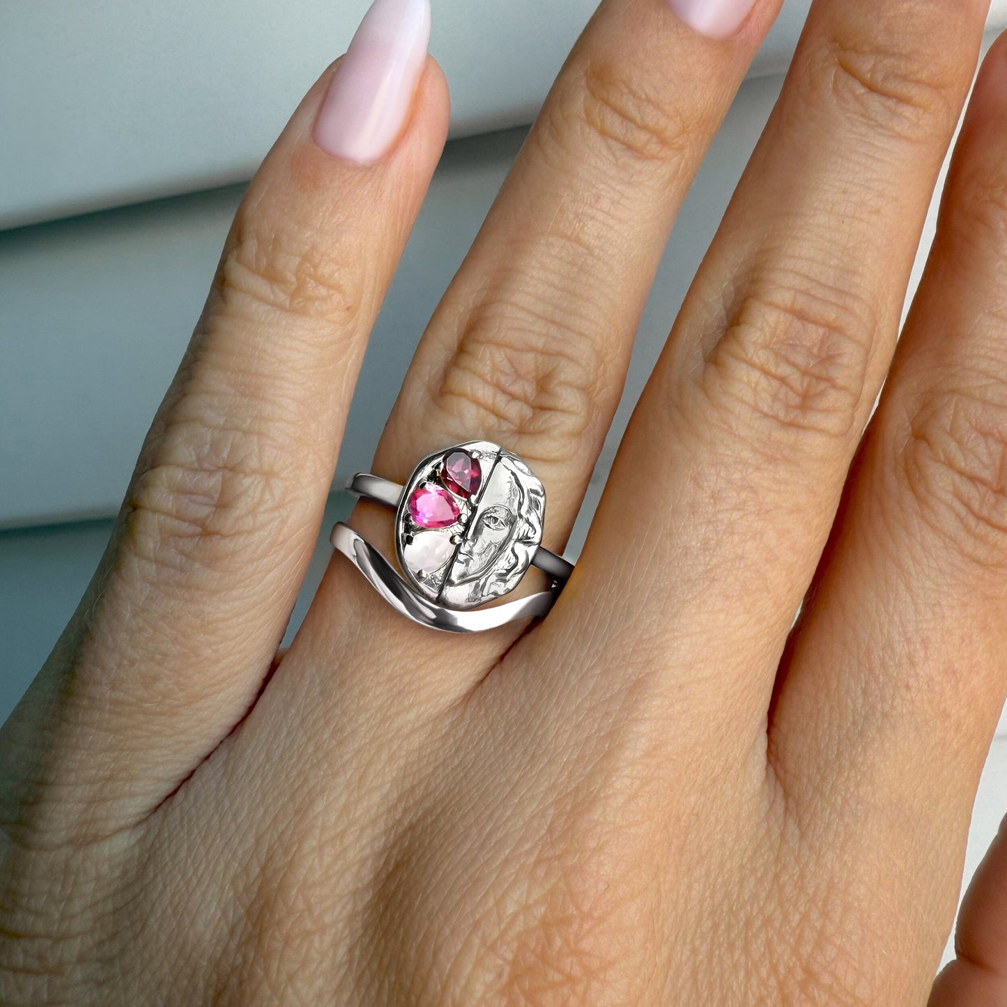 Pink Gradient Goddess Ring & Waves Band - on hand silver