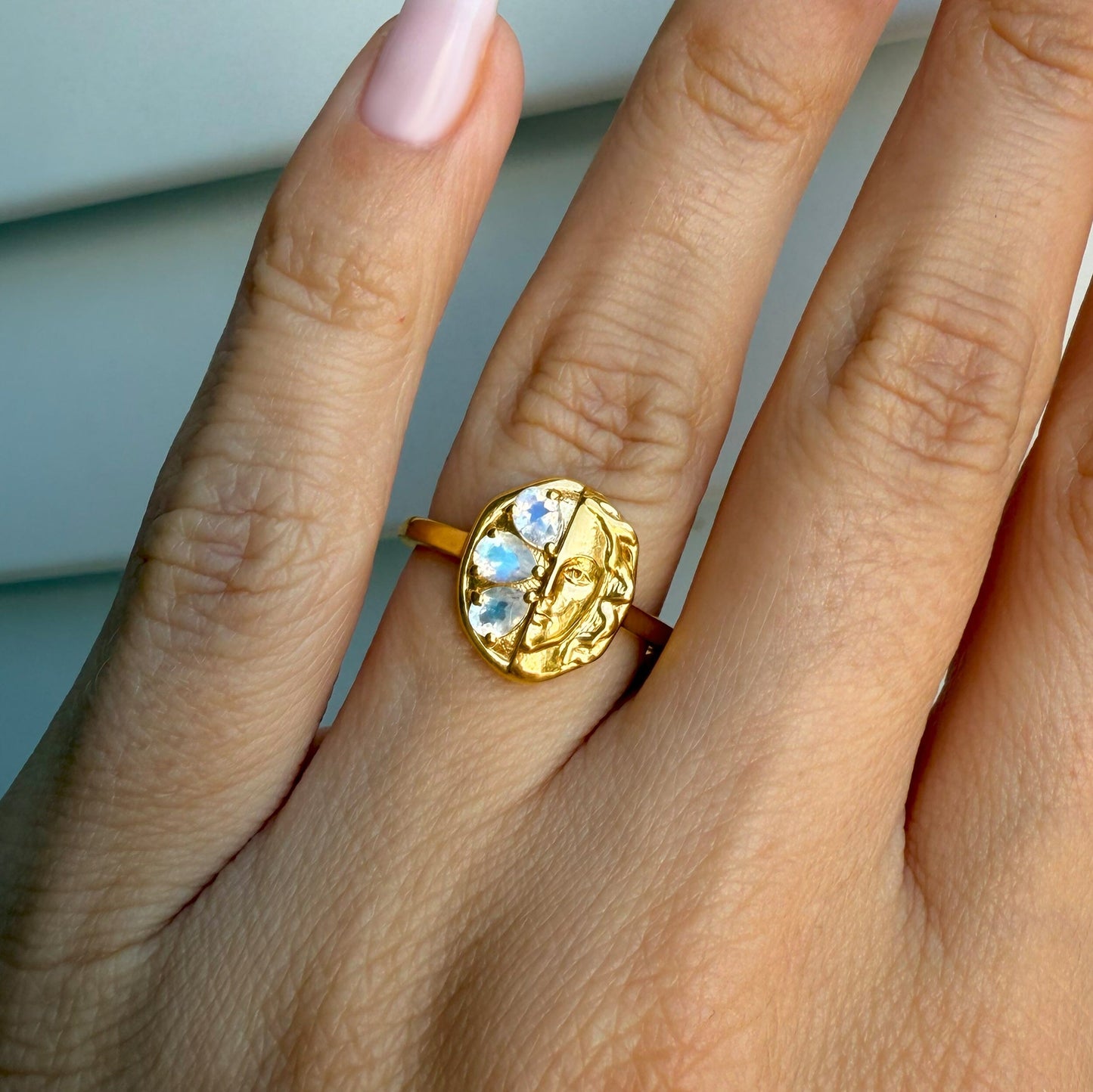 Moonstone Ring - Goddess - yellow gold vermeil on hand