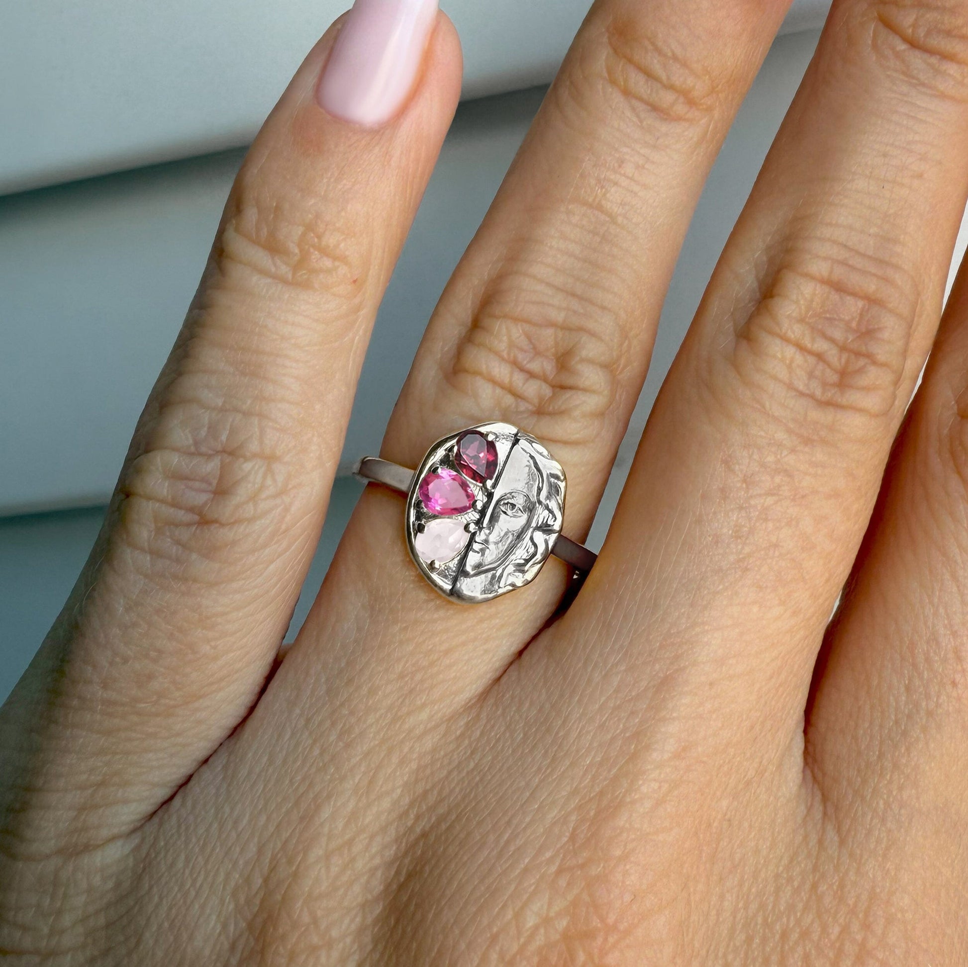 Pink Gradient Ring - Goddess, silver on hand