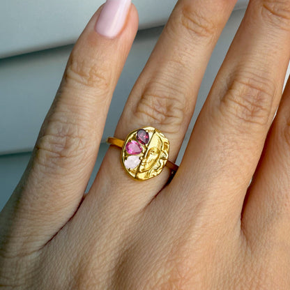 Pink Gradient Ring - Goddess, yellow gold on hand