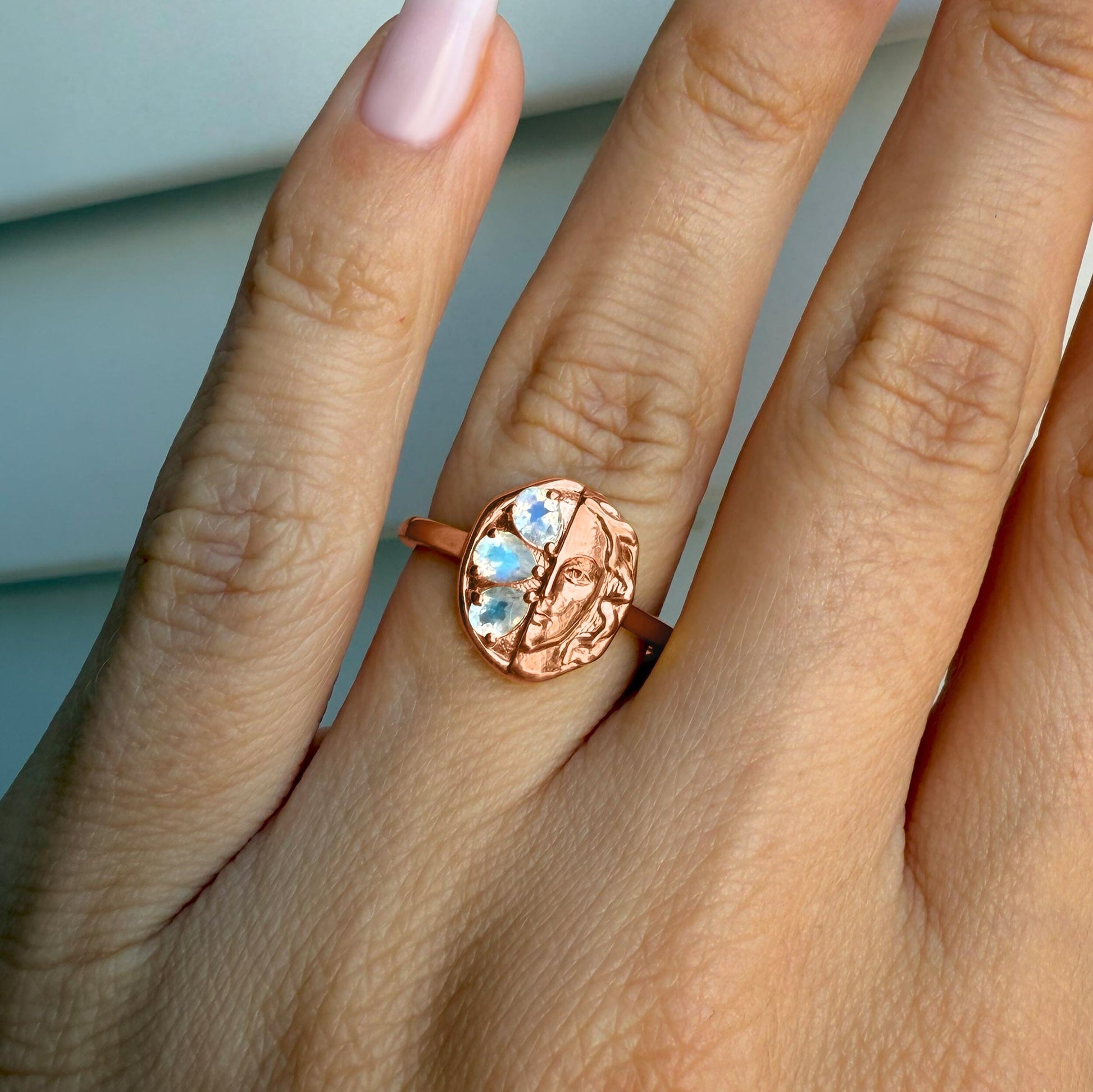 Moonstone Ring - Goddess - rose gold vermeil on hand