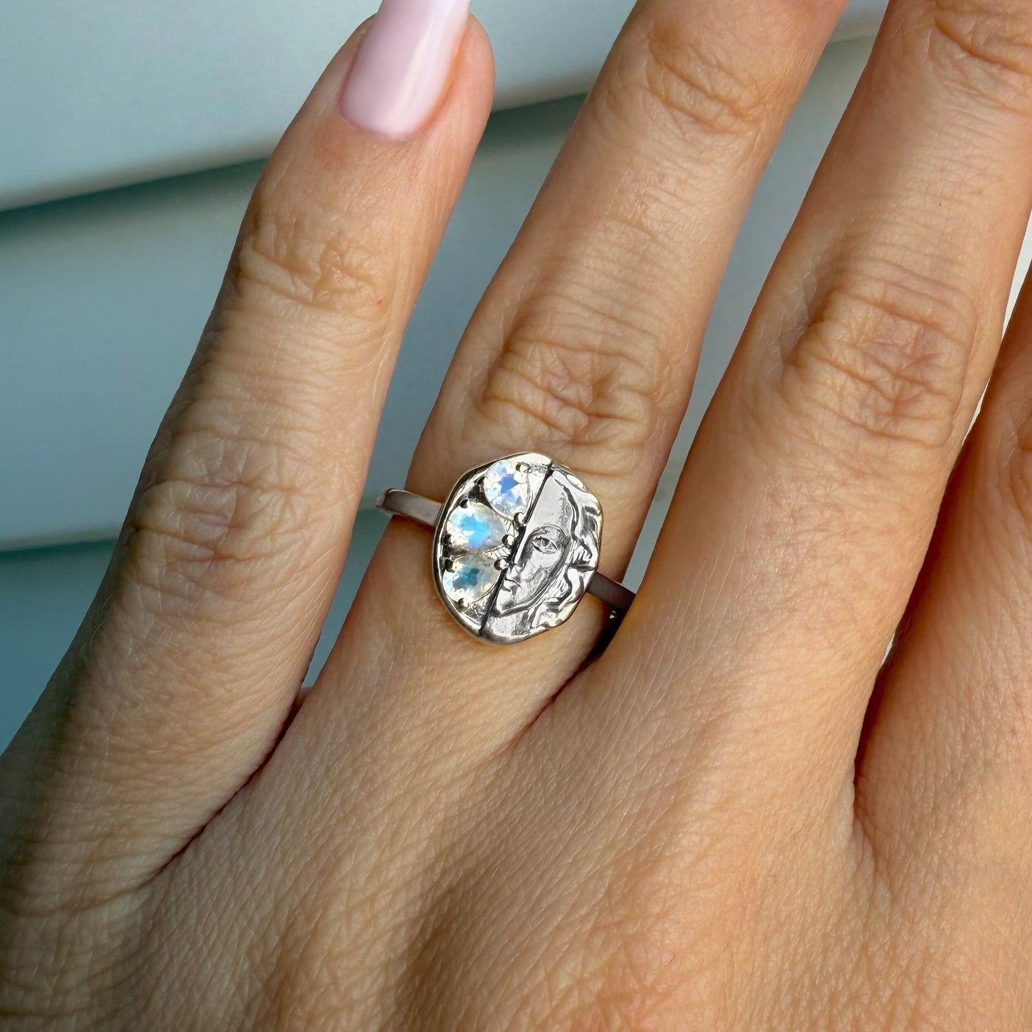 Moonstone Ring - Goddess - sterling silver on hand