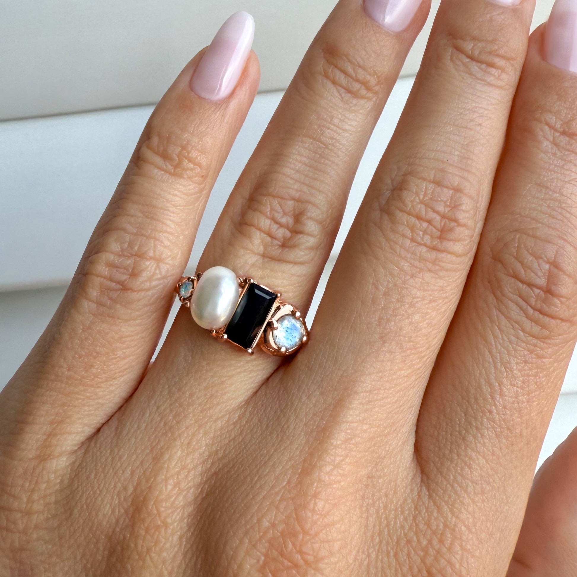 Black Obsidian Pearl Ring - Treasure - rose gold vermeil on hand