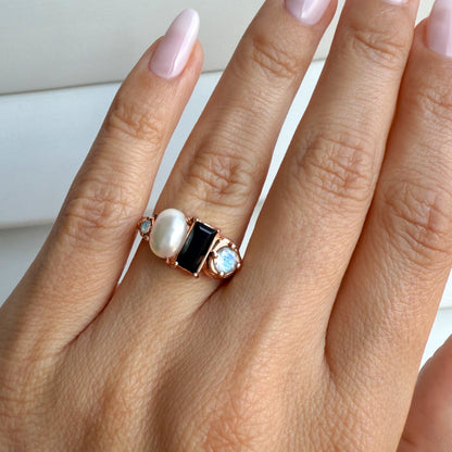 Black Obsidian Pearl Ring - Treasure - rose gold vermeil on hand