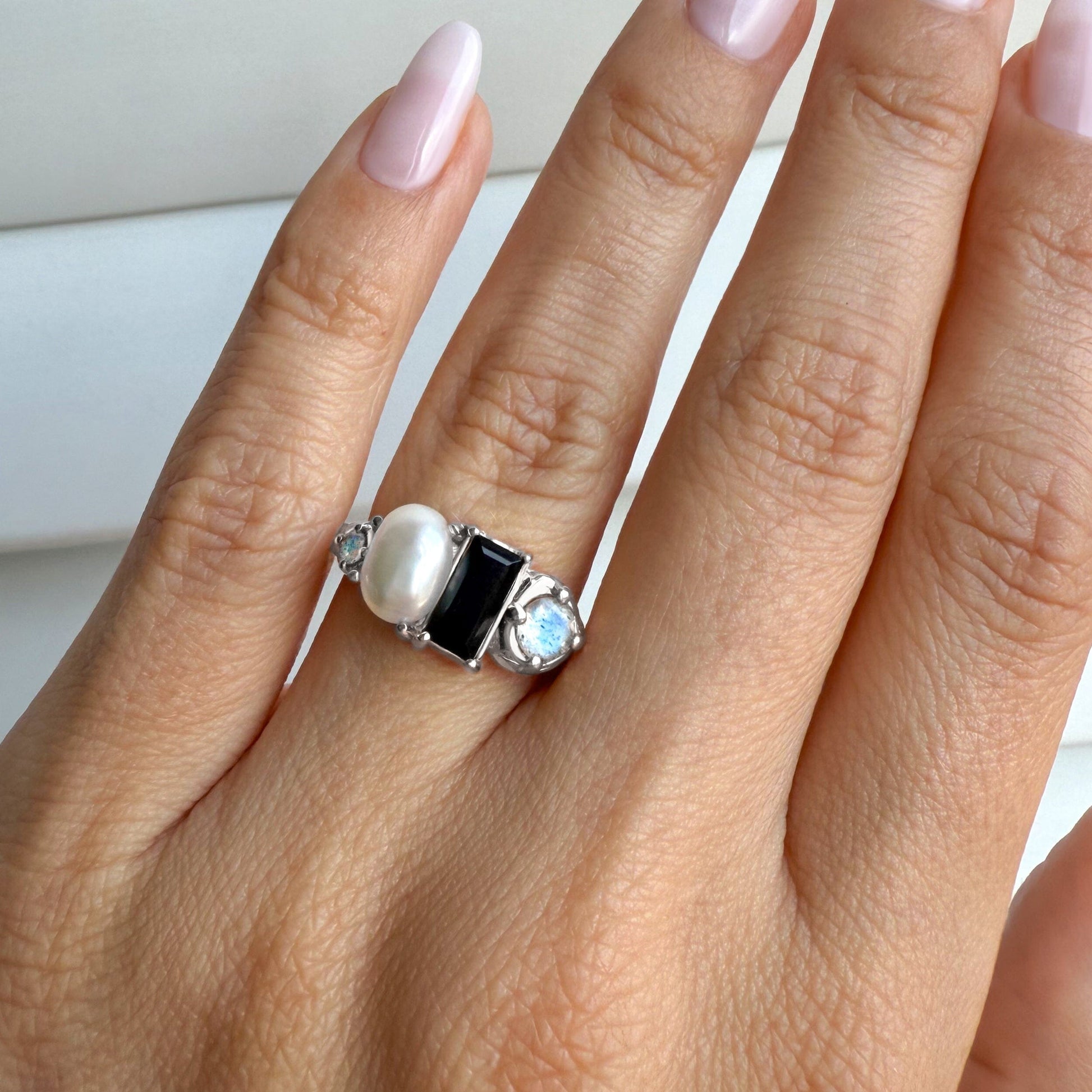 Black Obsidian Pearl Ring - Treasure - sterling silver on hand