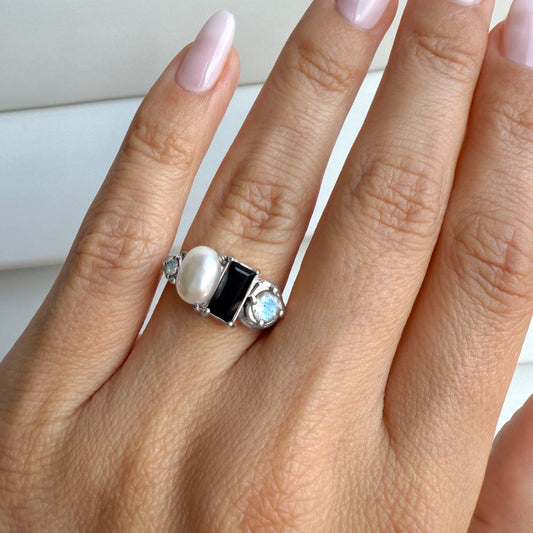 Black Obsidian Pearl Ring - Treasure - sterling silver on hand
