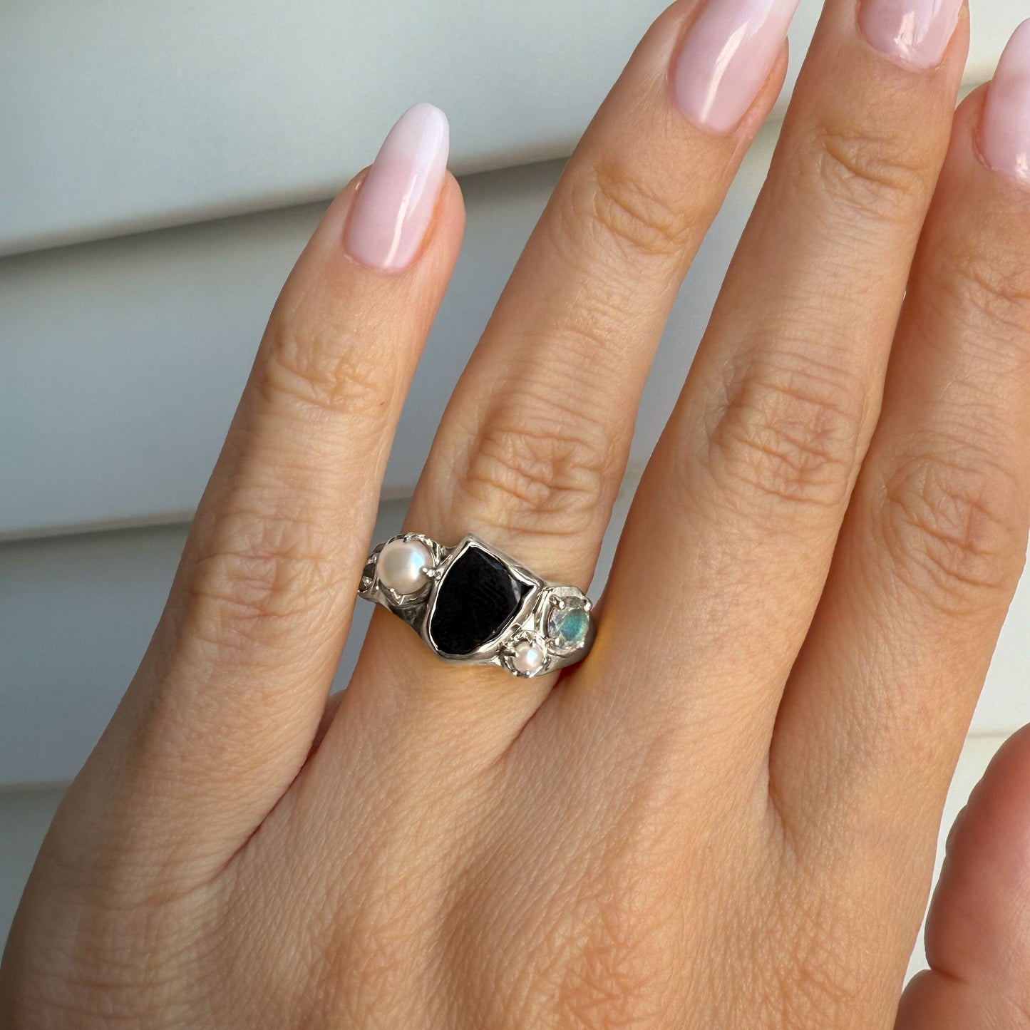 Black Obsidian Pearl Ring - Heirloom - worn silver