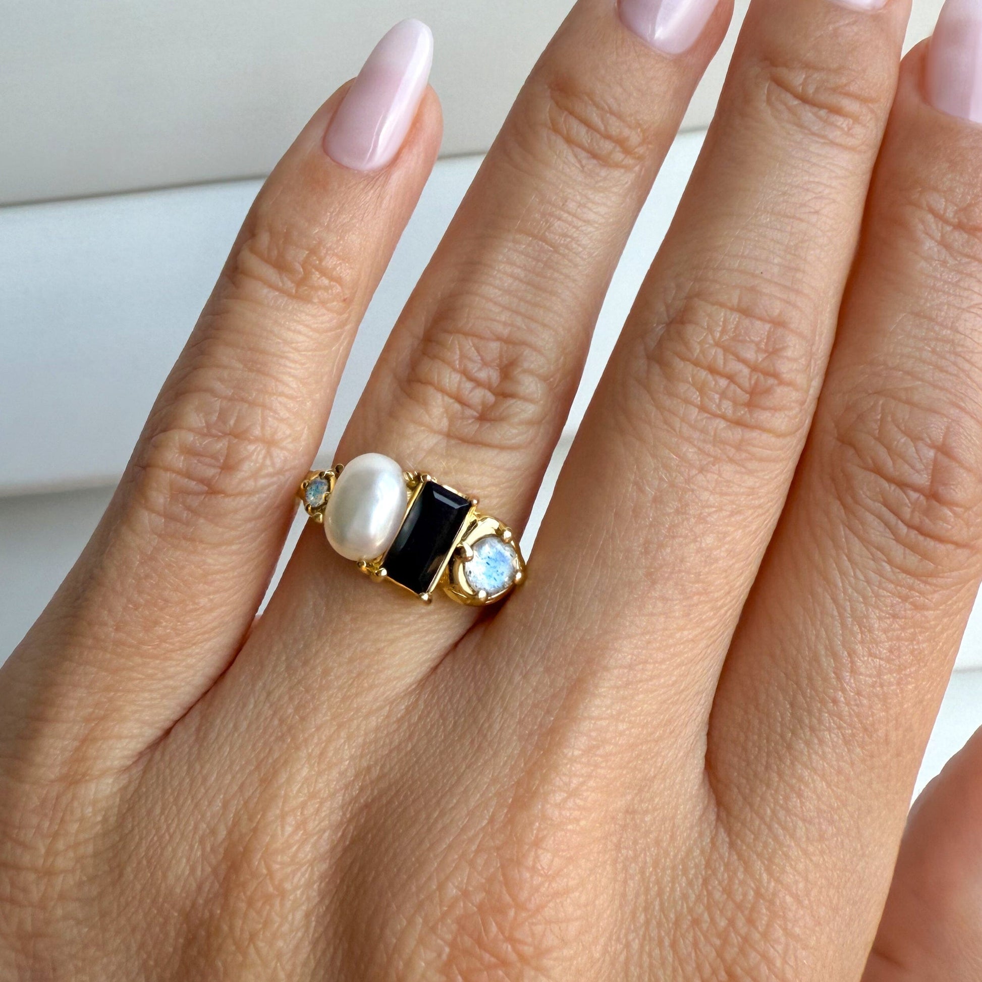 Black Obsidian Pearl Ring - Treasure - yellow gold vermeil on hand