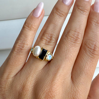 Black Obsidian Pearl Ring - Treasure - yellow gold vermeil on hand