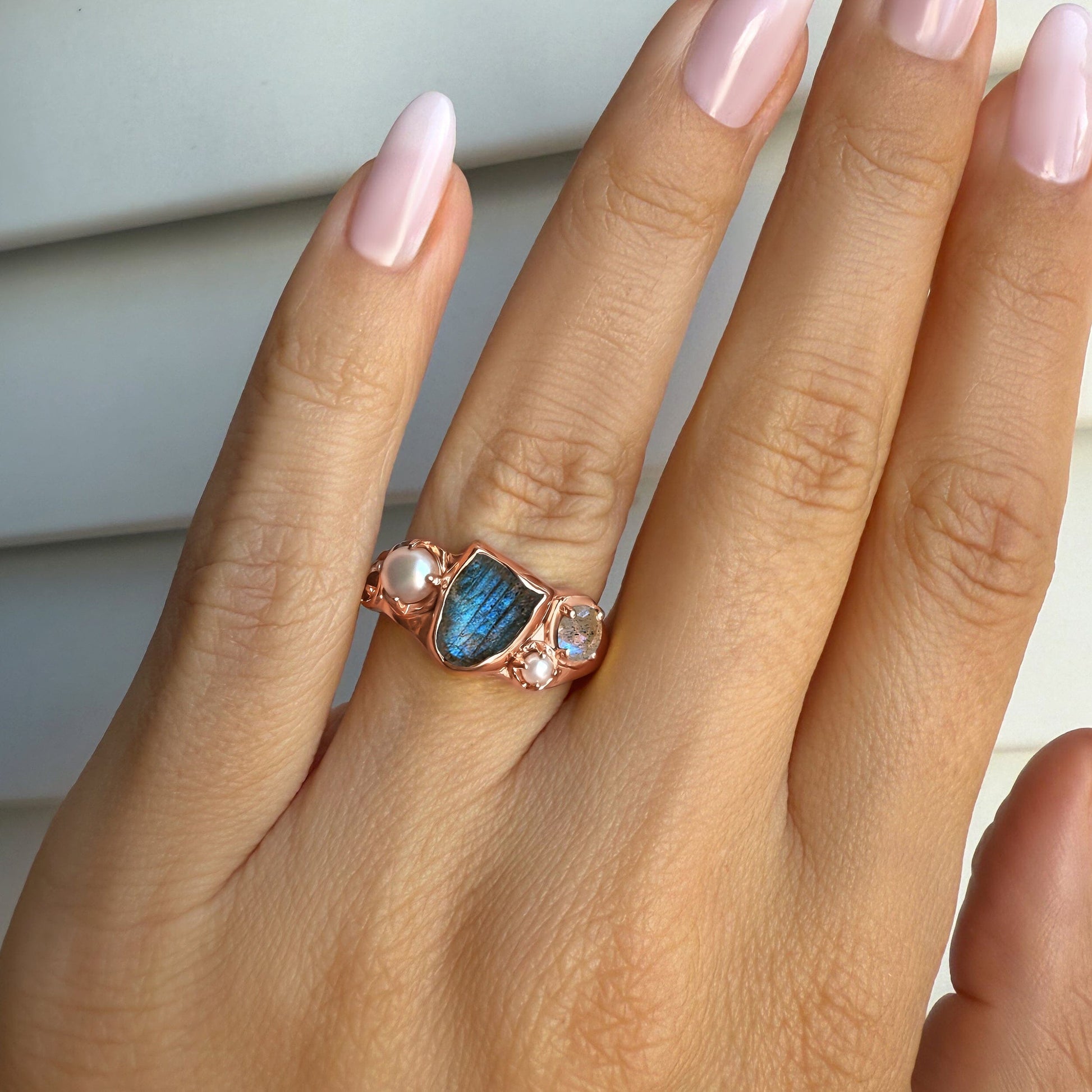 Labradorite Pearl Ring - Heirloom - Rose Gold Vermeil on hand