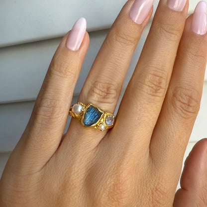 Labradorite Pearl Ring - Heirloom - Yellow Gold Vermeil on hand