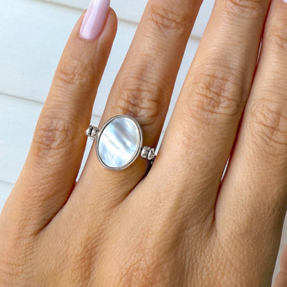 Black Onyx Mother of Pearl Fidget Ring - silver on hand