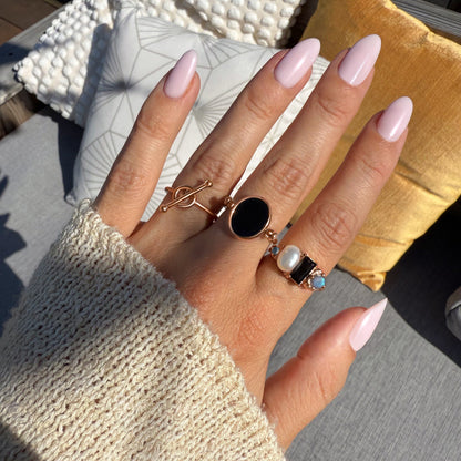Black Obsidian Pearl Ring - Treasure - rose gold detail