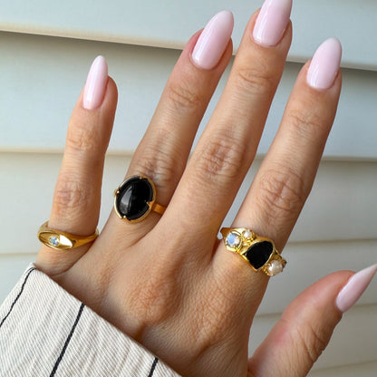 Black Obsidian Pearl Ring - Heirloom - worn yellow gold lifestyle