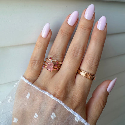 Rose Quartz Flow & Ruby Stardust Rings, rose gold lifestyle 2