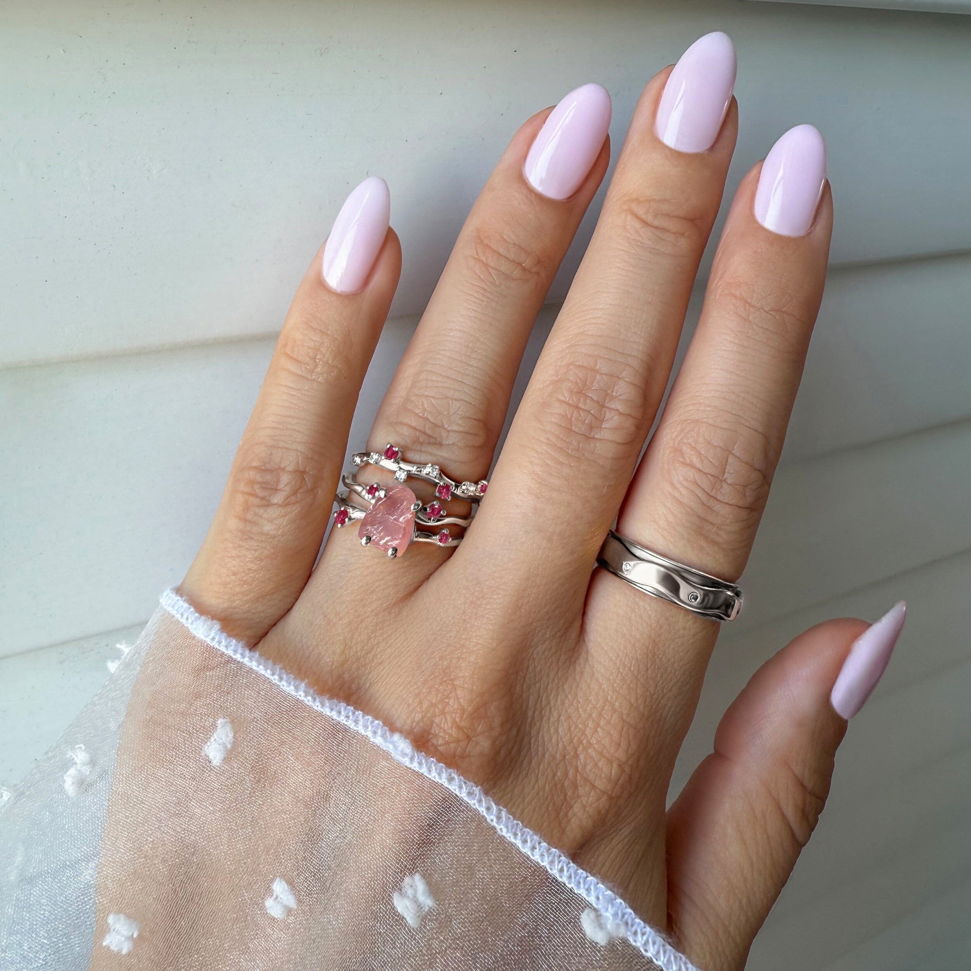 Rose Quartz Flow & Ruby Stardust Rings, silver lifestyle 2