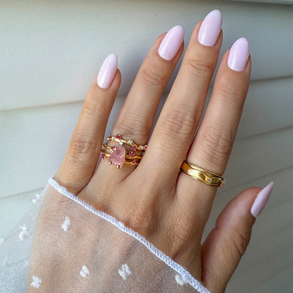 Rose Quartz Flow & Ruby Stardust Rings, yellow gold lifestyle 2