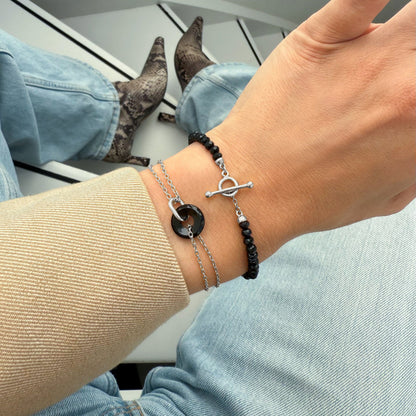 Black Obsidian Bracelet - Vibrations silver worn wrist