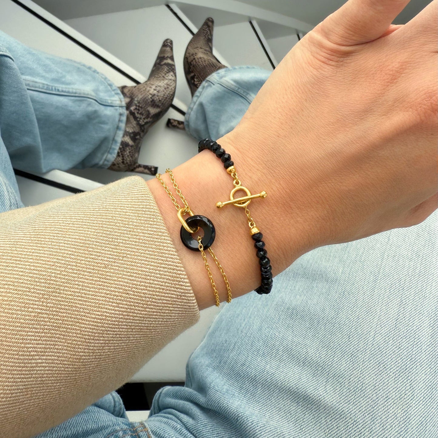 Black Obsidian Bracelet - Vibrations yellow gold worn wrist