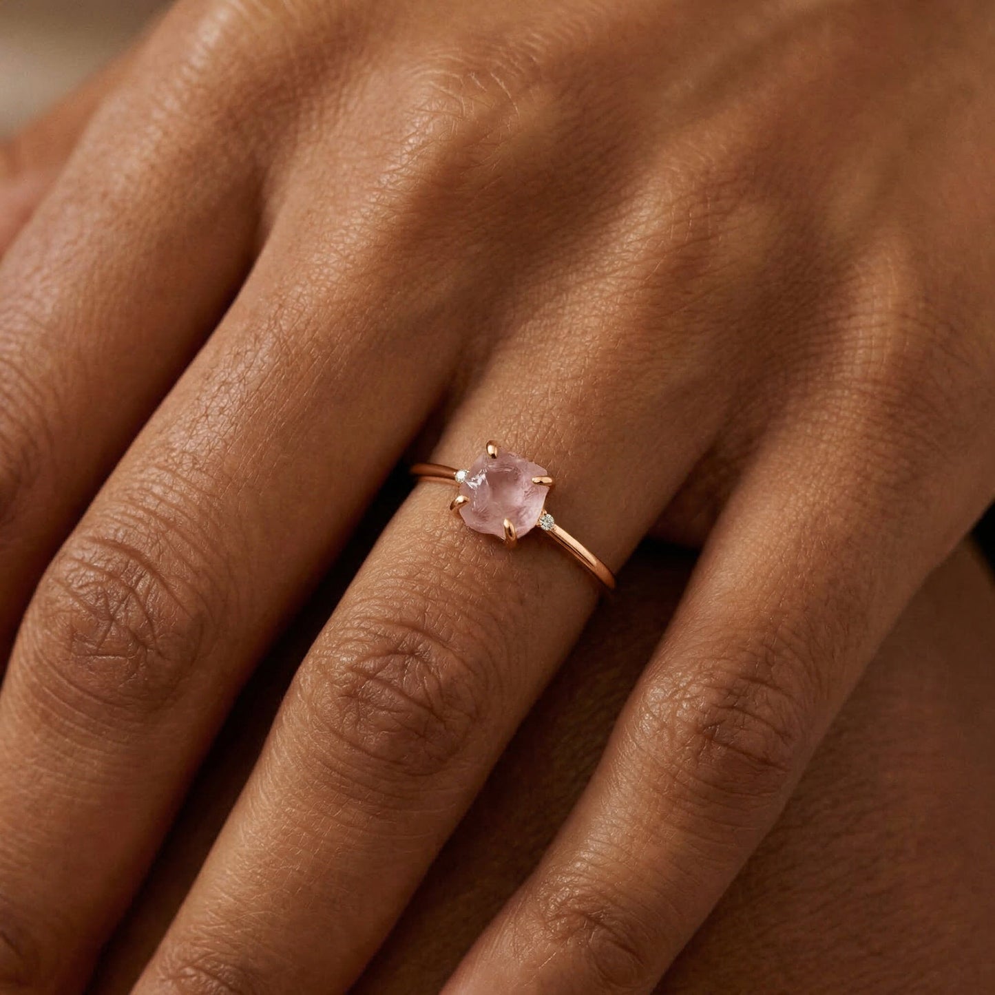 Fine Rose Quartz Lab Diamond Ring - Petite Allure - on hand rose gold