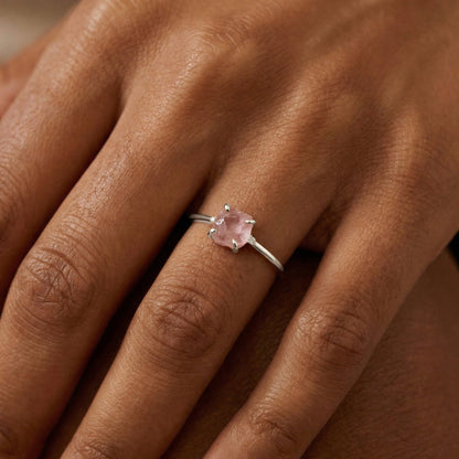 Fine Rose Quartz Lab Diamond Ring - Petite Allure - on hand silver