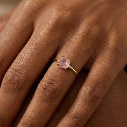 Fine Rose Quartz Lab Diamond Ring - Petite Allure - on hand yellow gold