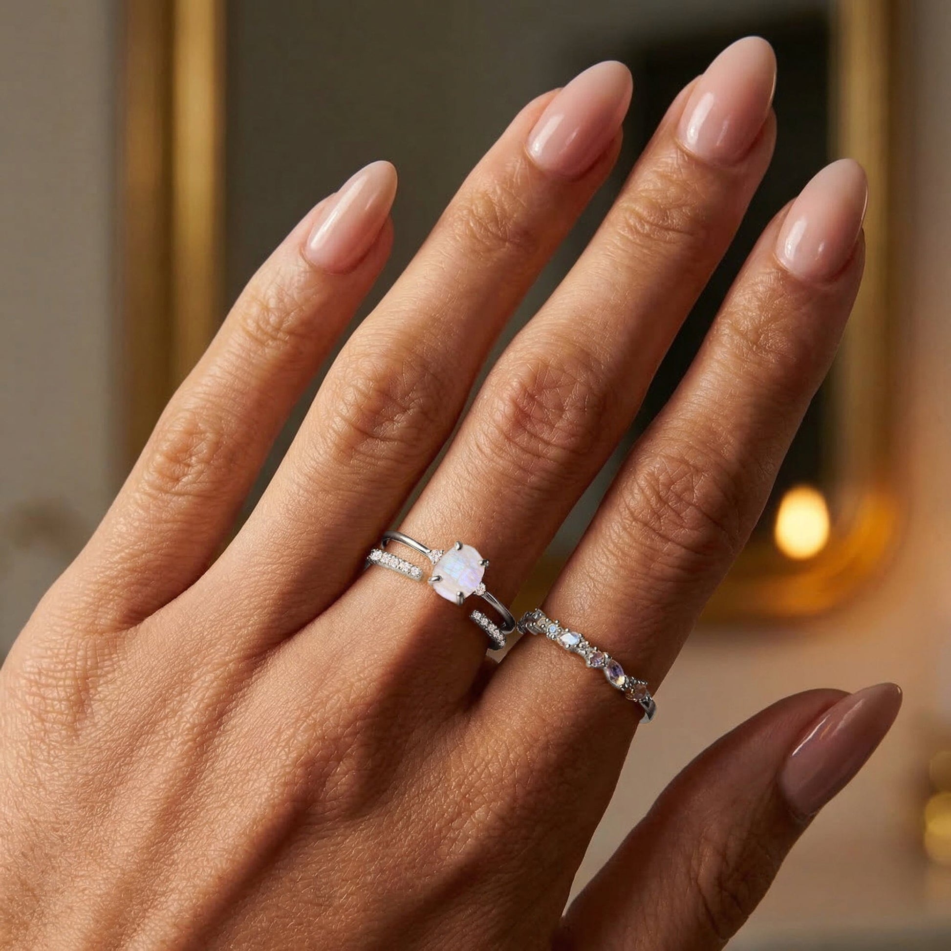 Fine Moonstone Lab Diamond Ring - Petite Allure - stack SIL