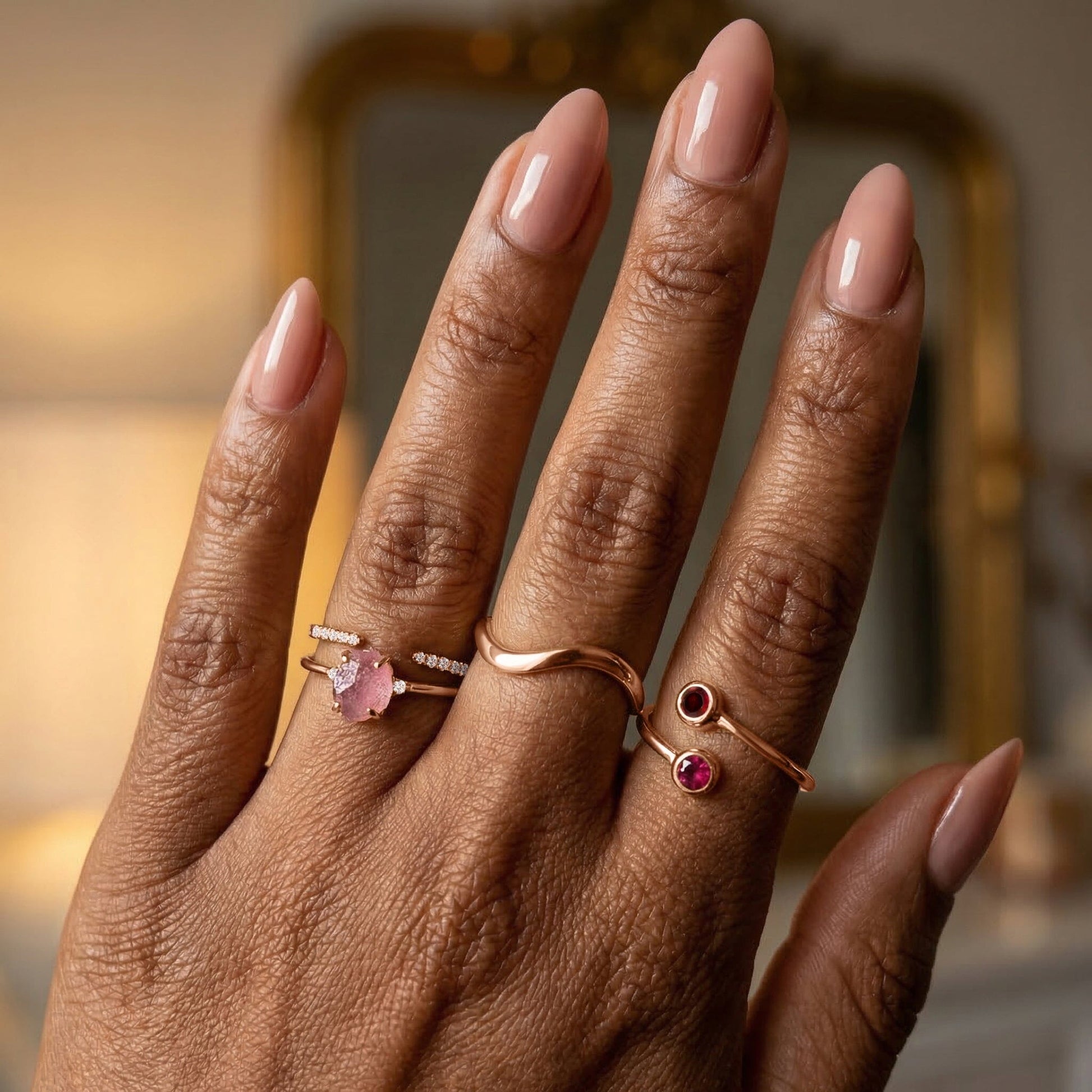 Fine Rose Quartz Lab Diamond Ring - Petite Allure - on hand rose gold detail
