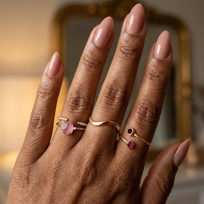 Fine Rose Quartz Lab Diamond Ring - Petite Allure - on hand rose gold detail