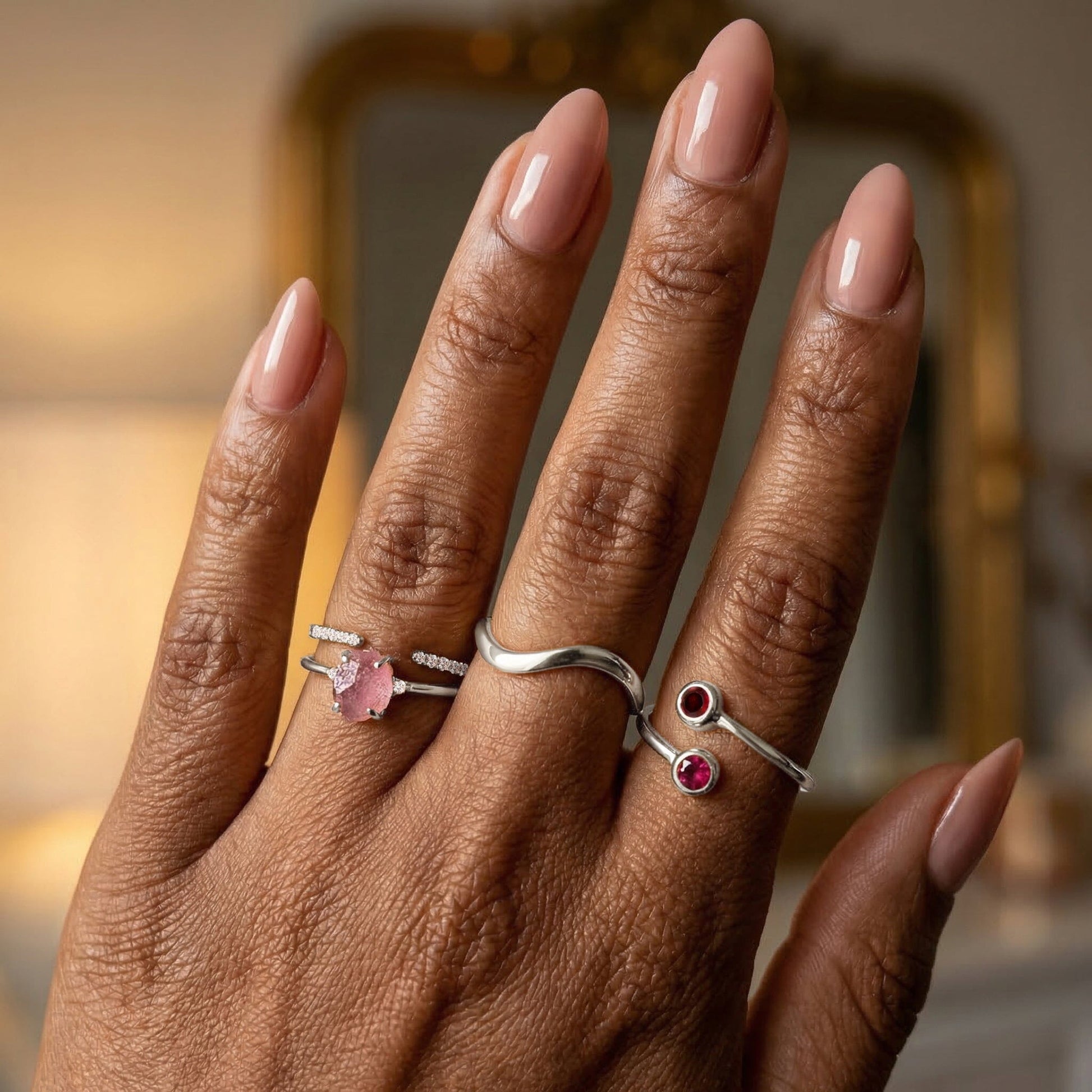 Fine Rose Quartz Lab Diamond Ring - Petite Allure - on hand silver detail