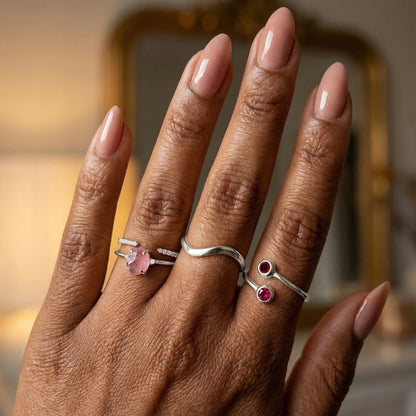 Fine Rose Quartz Lab Diamond Ring - Petite Allure - on hand silver detail