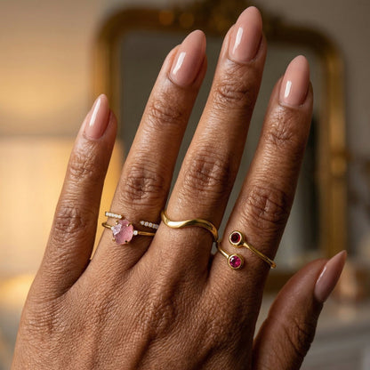 Fine Rose Quartz Lab Diamond Ring - Petite Allure - on hand yellow gold detail
