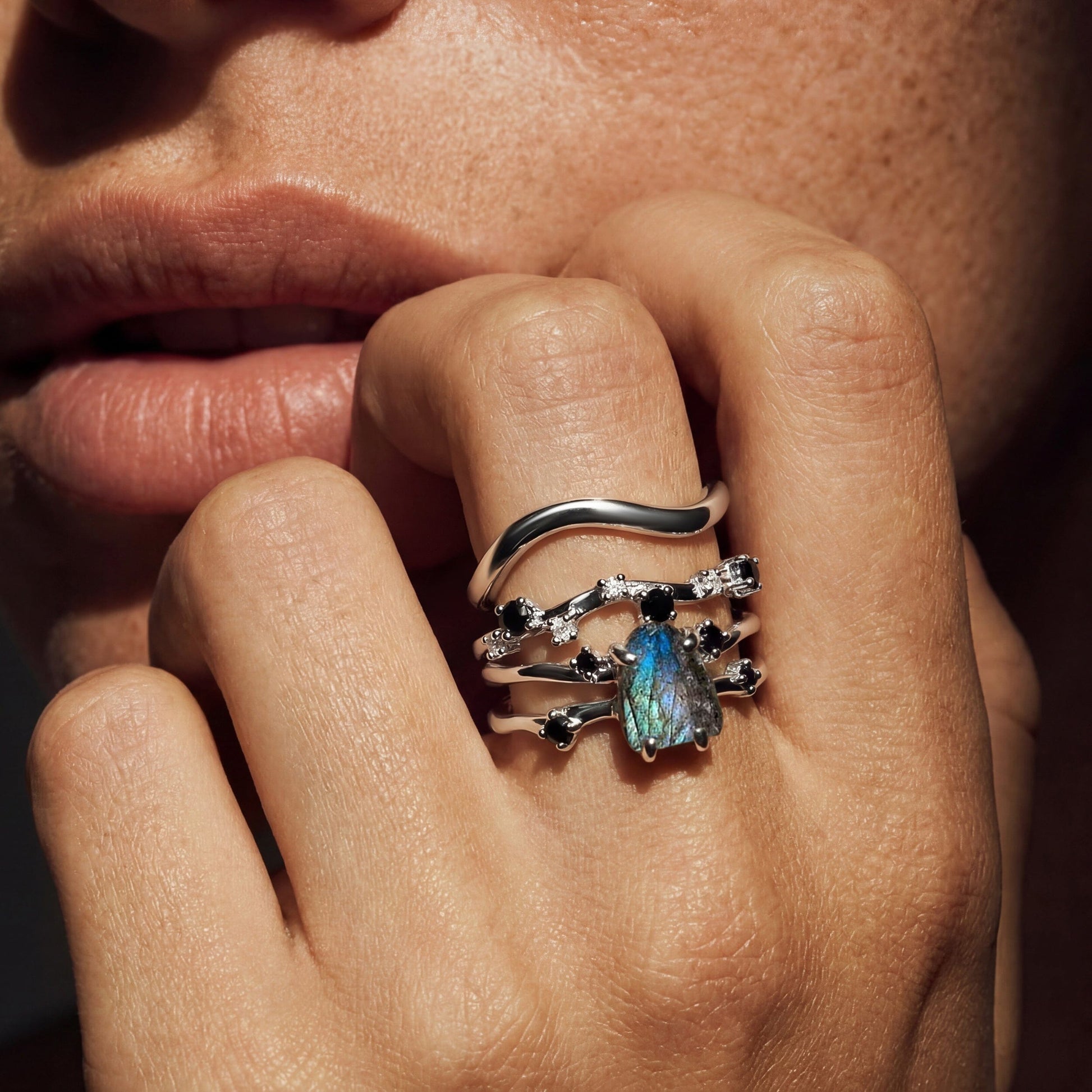 Labradorite Flow & Stardust & Waves Rings worn on hand