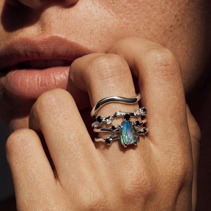 Labradorite Flow & Stardust & Waves Rings worn on hand