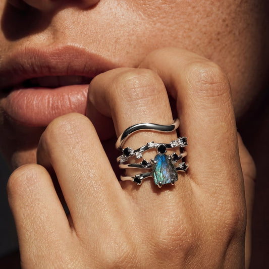 Labradorite Flow & Stardust & Waves Rings worn on hand