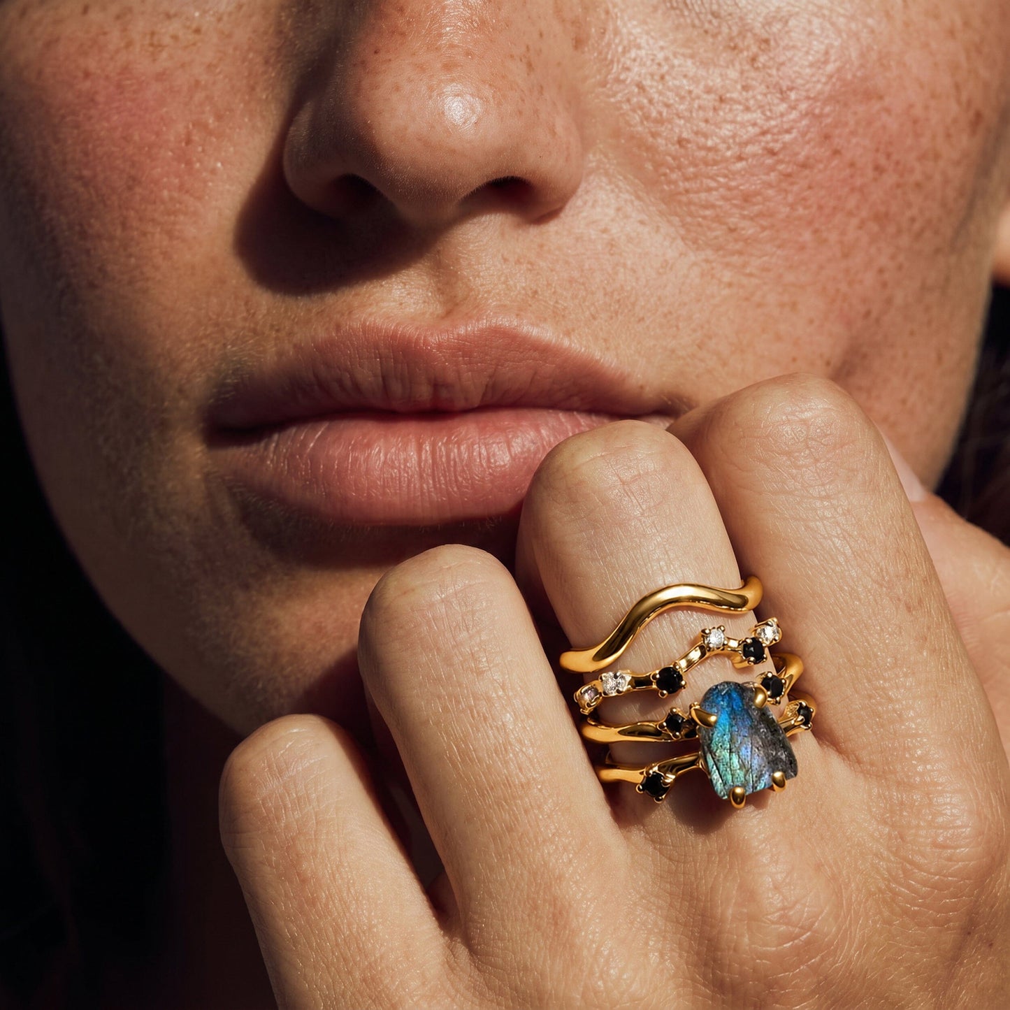 Labradorite Flow & Stardust & Waves Rings gold worn on hand