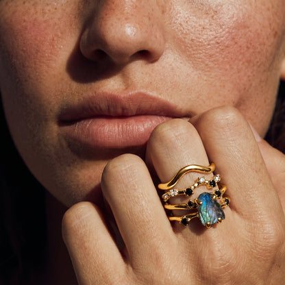 Labradorite Flow & Stardust & Waves Rings gold worn on hand
