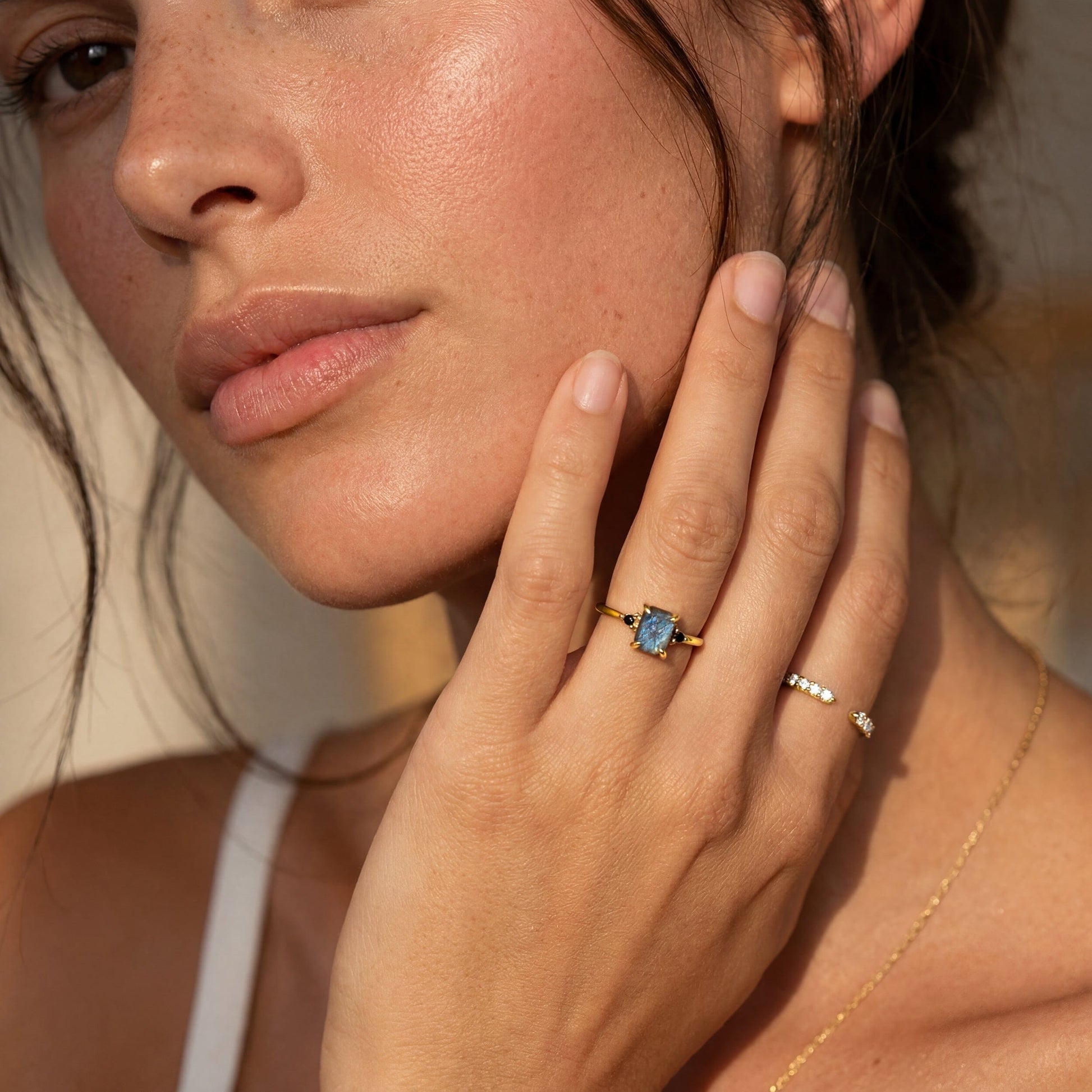 Labradorite Black Onyx Ring - Petite Allure - yellow gold stacked