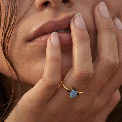 Labradorite Black Onyx Ring - Petite Allure - yellow gold on hand