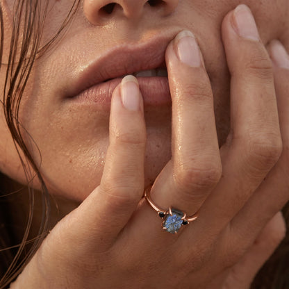 Labradorite Black Onyx Ring - Petite Allure - rose gold on hand