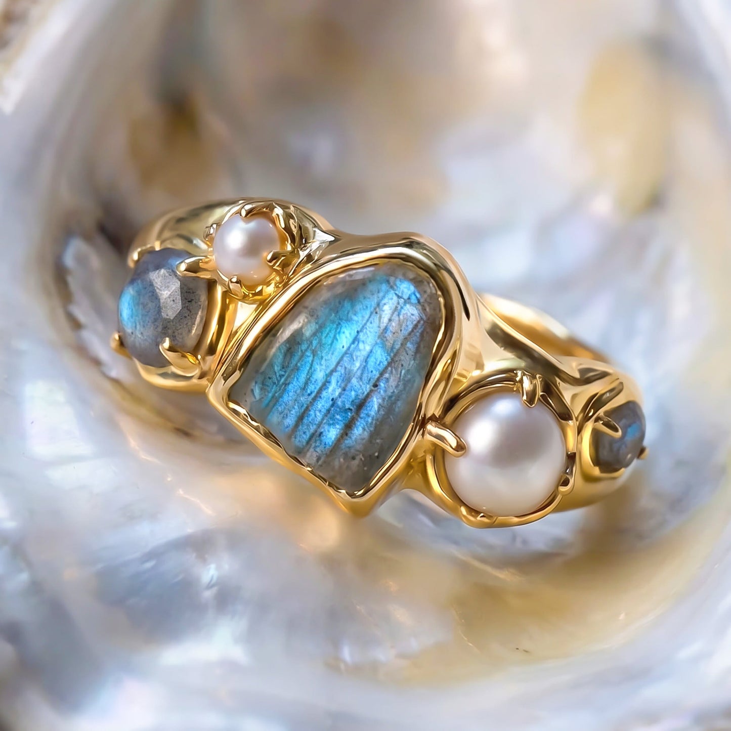 Labradorite Heirloom Ring gold flat lay