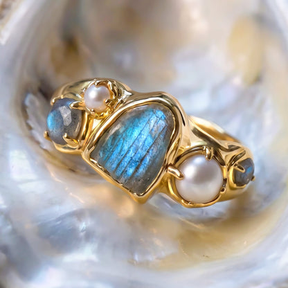 Labradorite Heirloom Ring gold flat lay