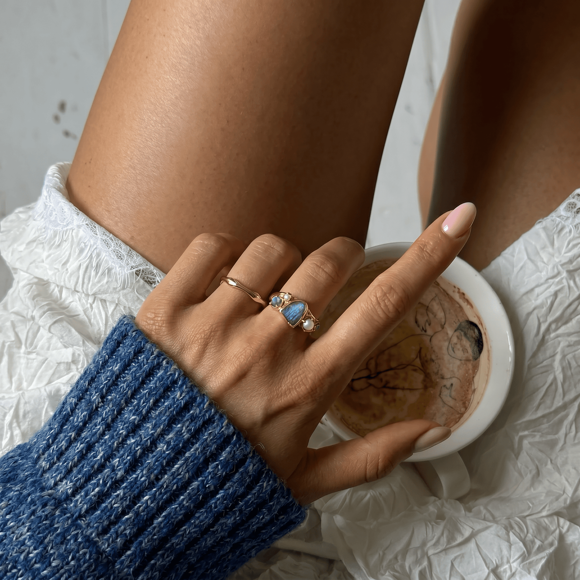 Labradorite Heirloom & Magma Rings - gold worn
