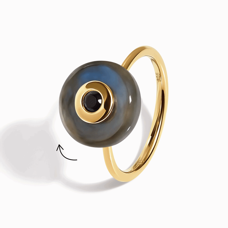 Labradorite Black Spinel Fidget Ring - Ora - LABR.BSP-GOLD-WR-DONUT-2YG-ezgif.com-video-to-gif-